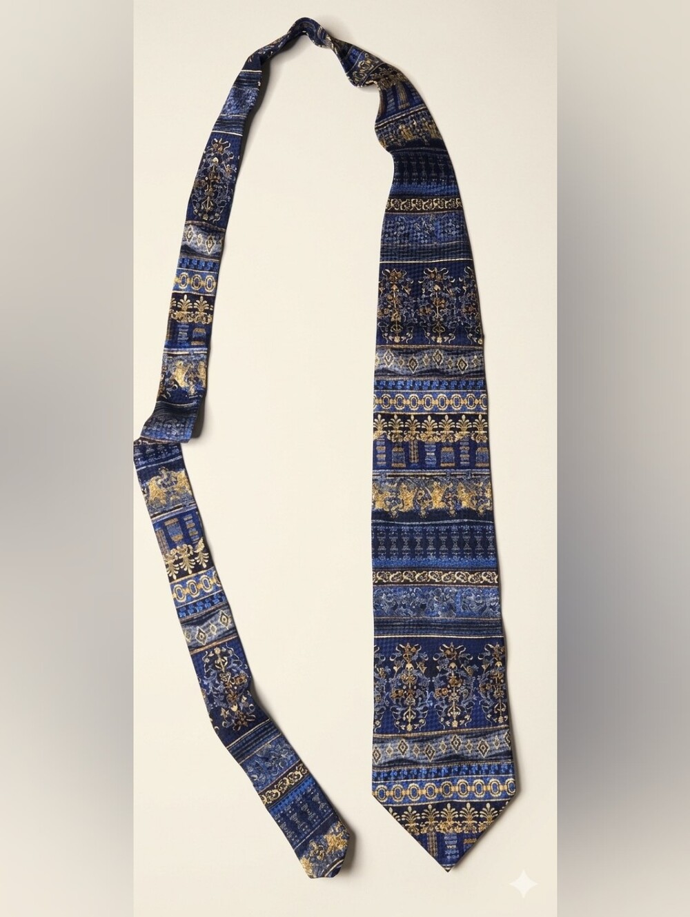 Vintage Daniel De Fasson Silk Tie Blue Gold Baroque Tapestry Medallion Power 90s